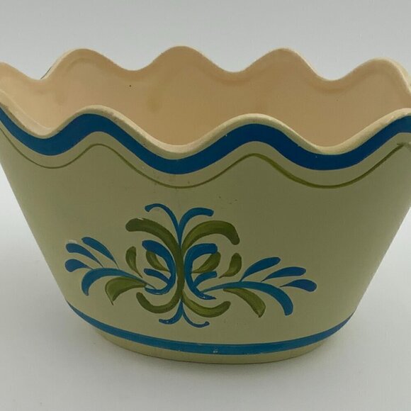 Vintage 1960s Inarco Ceramic Pot Yellow & Blue Scalloped Top Hand-painted E-4538 - Picture 3 of 7